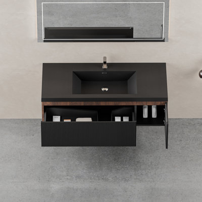 Ensemble de meuble-lavabo flottant 48 po avec lavabo, meuble de rangement mural moderne à rayures avec tiroirs à fermeture en douceur et lavabo à quartz noir, noyer fumé CM-24V16-48WAB