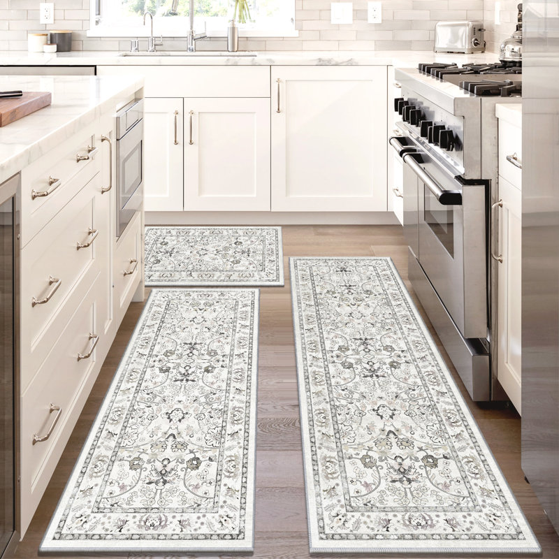 Tapis de cuisine en nylon polaire lavable antidérapant (ensemble de 3), Crème, crème