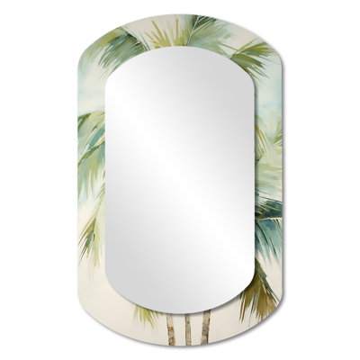 Green Minimalims Palm Trees I - Green Asymmetrical Decorative Mirror, Traditional Cylinder Wall Mirror, Printed Metal Art