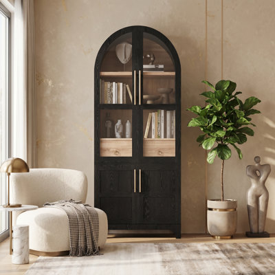 71" Tall Arched Kitchen Storage Cabinet Farmhouse Pantry With Hidden Drawer Glass Door Shelves