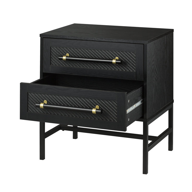 Hopper Studio Sophia 2-Drawer Nightstand in Matte Black with Textured Front, Oversized Pulls, and Sleek Black Metal Base
