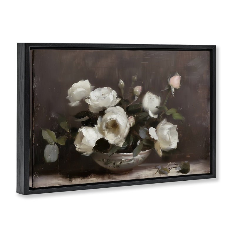 Nature morte traditionnelle rose, Cadre flottant noir de jais, H 17 po x l 25 po
