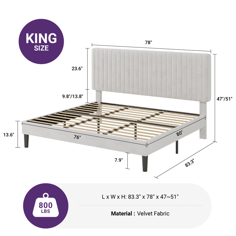 Lit plateforme tapissier en velours avec tête de lit capitonnée verticale ajustable, Blanc, Très grand