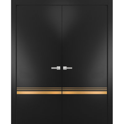Portes doubles françaises pleines Planum 2010, cadre en bois massif noir mat, finitions, placard, chambre à coucher, 48 po x 80 po (2 x 24 x 80 po)
