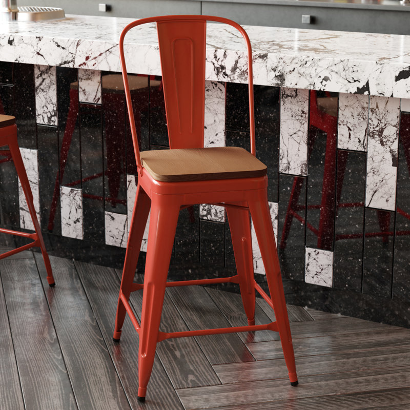 Tabouret de comptoir toutes saisons avec dossier amovible et siège en résine de polyester Britian, Rouge / brun