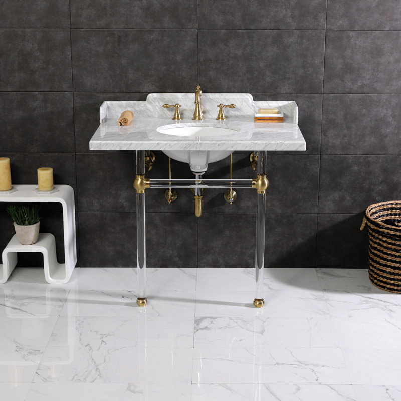 Kingston Brass Pemberton 36-Inch Carrara Marble Console Sink with Acrylic Legs (8-Inch, 3-Hole), White/Brushed Brass