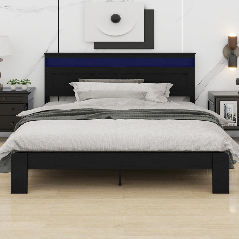  Base de lit plateforme avec tête de lit avec rangement DEL et USB, Très grand lit