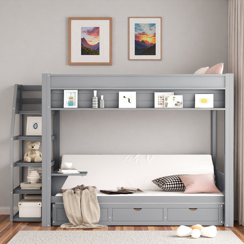 Lit superposé convertible avec escalier de rangement, table de chevet et 3 tiroirs, Gris