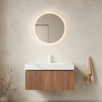 Meuble-lavabo et lavabo de 36 po MURI, armoire de rangement flottante en contreplaqué avec tiroir et porte, plateau en pierre frittée blanc de Carrare et lavabo en céramique avec 1 trou de robinet pré-percé, pré-assemblé, grain de bois de chêne brun