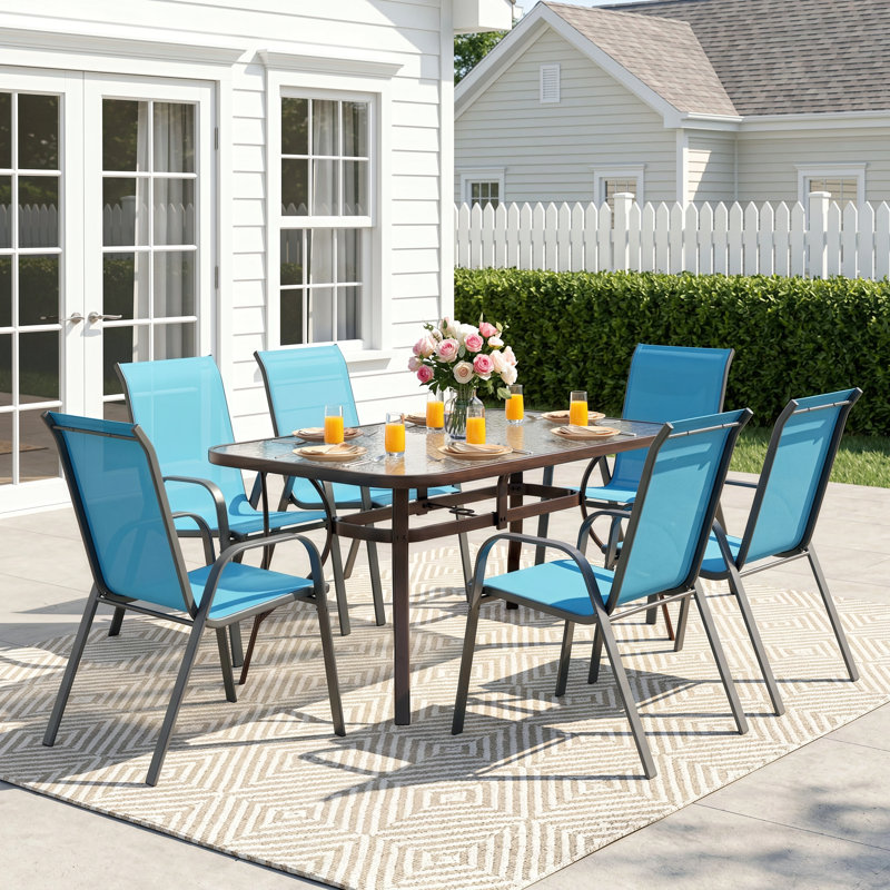 Patio Dining Set For 6, Outdoor Table And Chairs With 1.69'' Umbrella Hole, All Weather Patio Furniture Set, 30"X 55" Table And Stackable Pvc-Coated Polyester Chair, For Lawn, Deck (Umbrella Not Included)(Brown Table & Sky Blue Chairs )