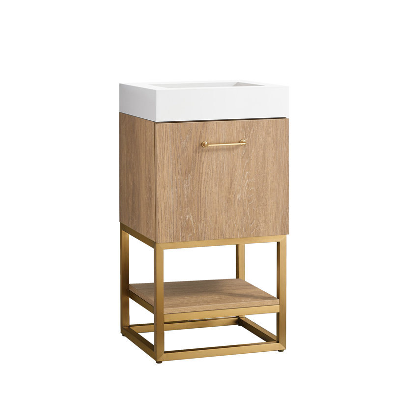 Alistair 17.7'' Single Bathroom Vanity with Engineered Stone Top, White, Natural Oak, Gold