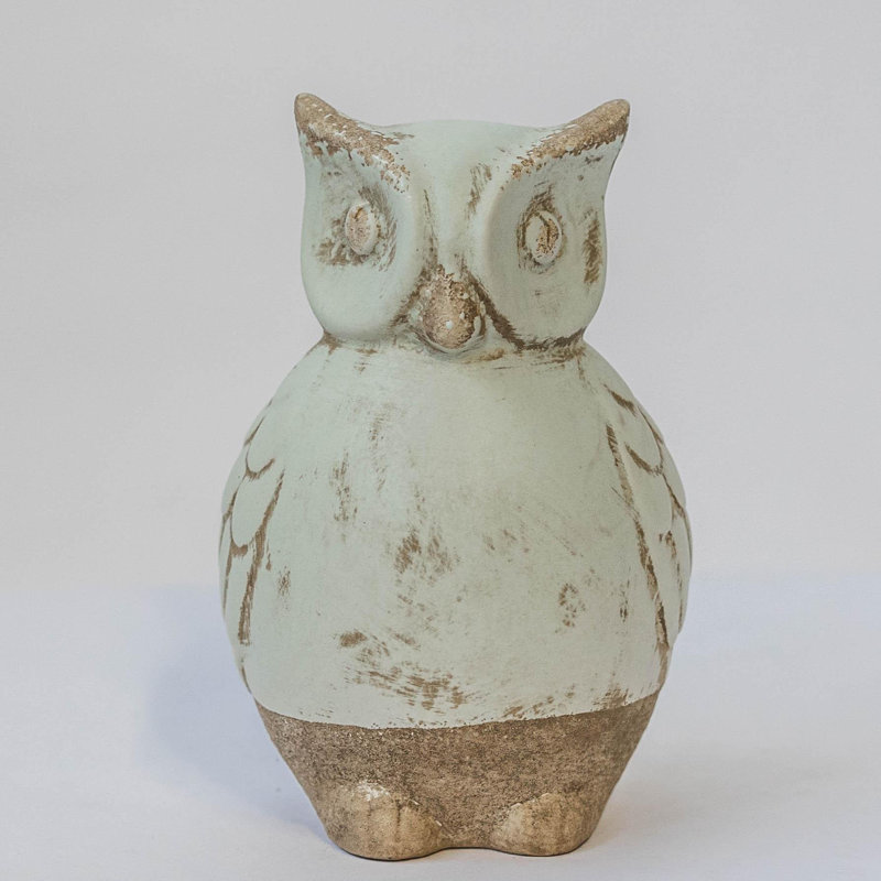 Figurine rustique hibou vert clair et beige