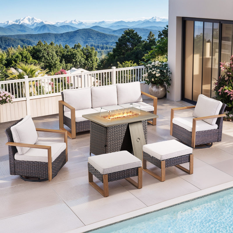 Aldiana 6-Piece Outdoor Conversation Set With Swivel Gliders And Fire Pit Table, 5-Person Wicker Patio Seating With Sofa & Ottomans