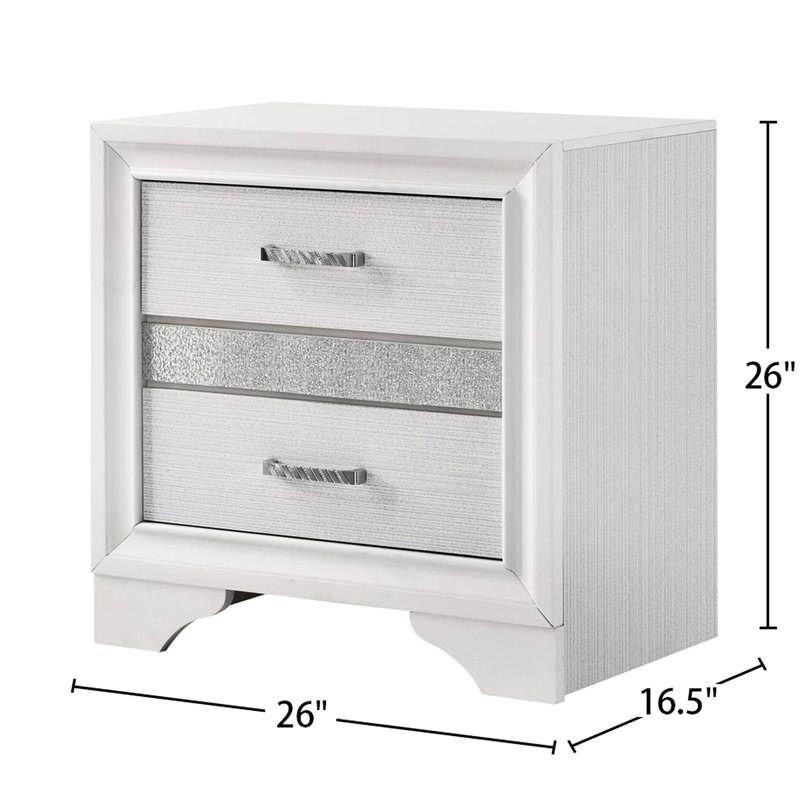 Table de chevet 2 tiroirs, blanc - Les poignées en strass ajoutent de l'éclat, des rayures scintillantes pour la chambre à coucher