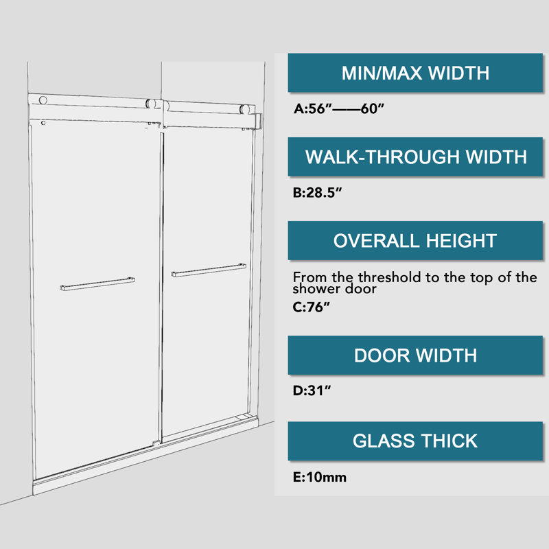 60'' Frameless Clear Glass Sliding Shower Door with Brushed Nickel Frame