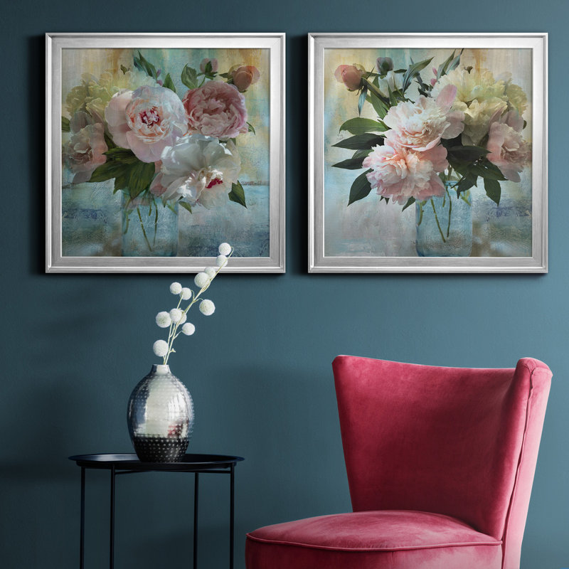 «Peony Bouquet I», reproduction de cadre photo sur toile 2 pièces, Argent, H 26,5 po x l 53 po x P 1,5 po