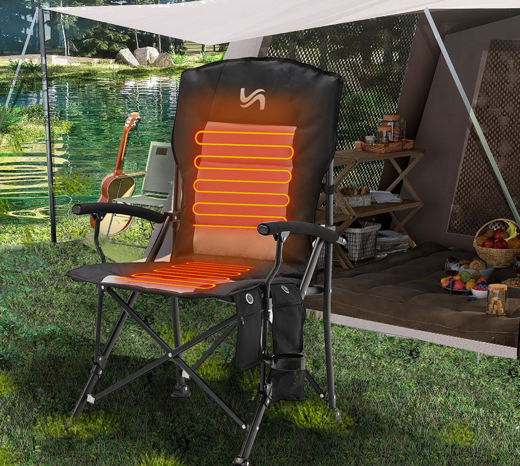 Arlmont & Co. Weldy Heated Camping Chair, Outdoor Portable Heated Folding Chairs, Heated Camp Chair