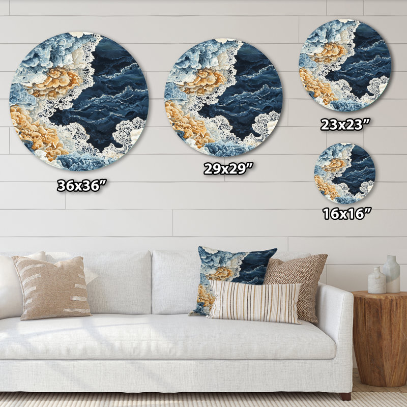 «Blue Ethereal Coastal Horizon», art mural rond moderne abstrait, art mural en métal bleu, H 23 po x l 23 po