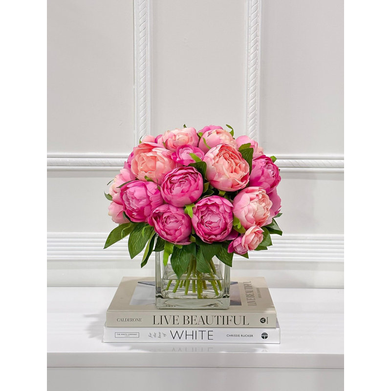 Fuchsia Pink Modern Fuchsia Peonies In Glass Vase – Luxury Faux Flowers For Home Decor, Fuchsia Pink