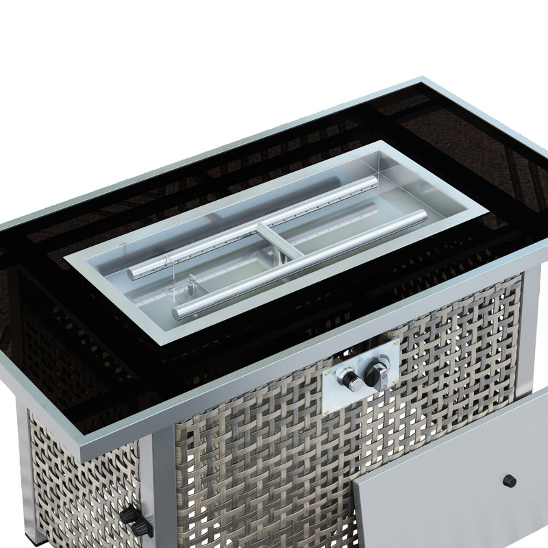 43" Rectangular Grey Open Weave Propane Fire Pit Table, 60000 , With Blue Glass Stones, Tempered Wind Guard, And 20Lbs Storage For Outdoor Fun 43 Inch Gas Output, Guard Stone Decoration Backyard
