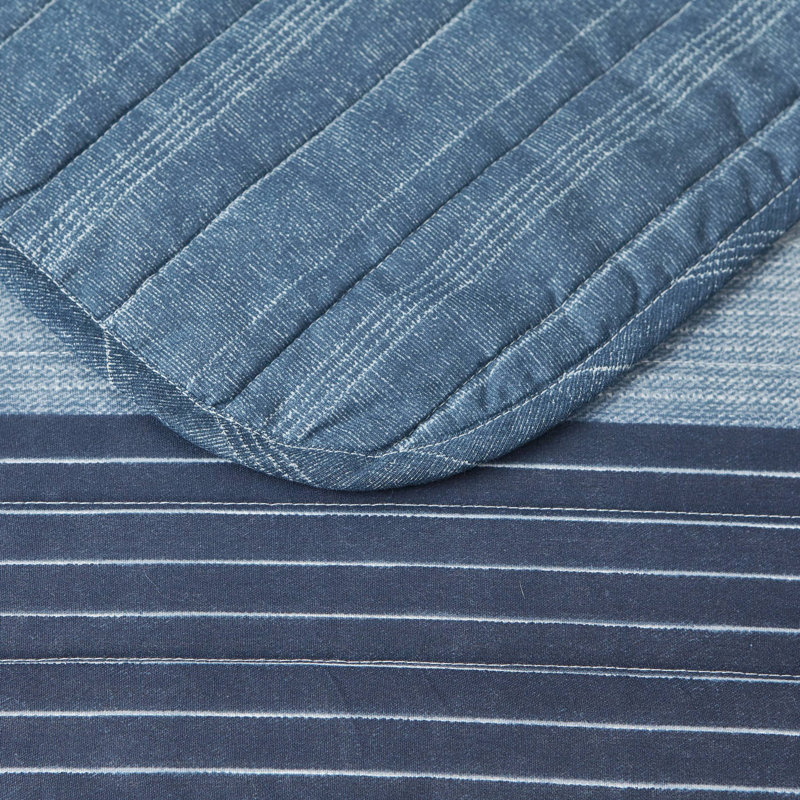 Nautica Ridgeport Cotton Reversible Quilt Set, King Quilt + 2 King Shams, Medium Blue Striped