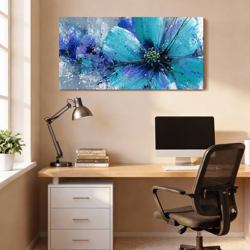 Ensemble de 1 tableau abstrait floral bleu sur toile tendue, H 24 po x l 48 po