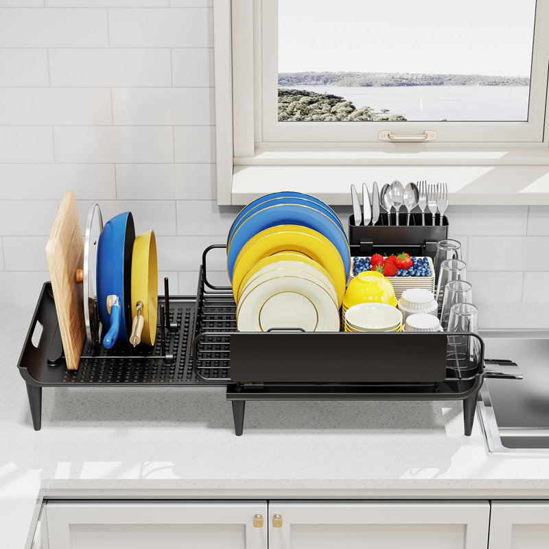 Séchoir à vaisselle extensible pour comptoir de cuisine avec égouttoir, assiettes à drainage rapide et emplacement flexible pour tout évier (noir)