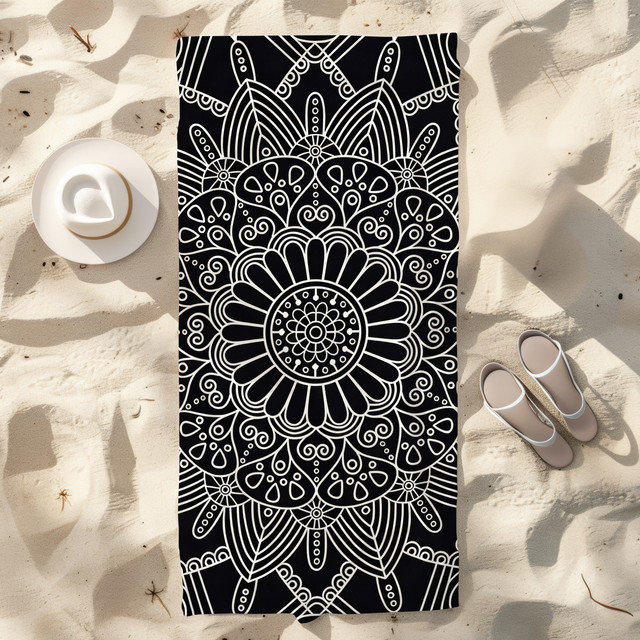  Serviette de plage en microfibre légère, absorbante et sans décoloration, 30 po x 60 po, dessin au trait Mandala