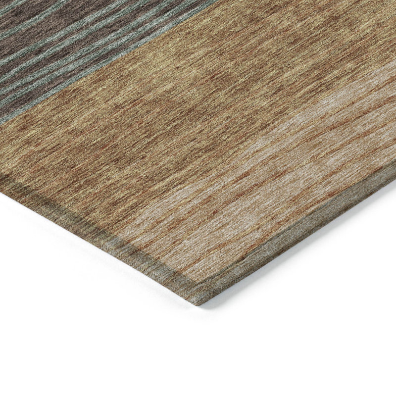 3' X 5' Terra Cotta Copper And Beige Striped Washable Indoor Outdoor Area Rug