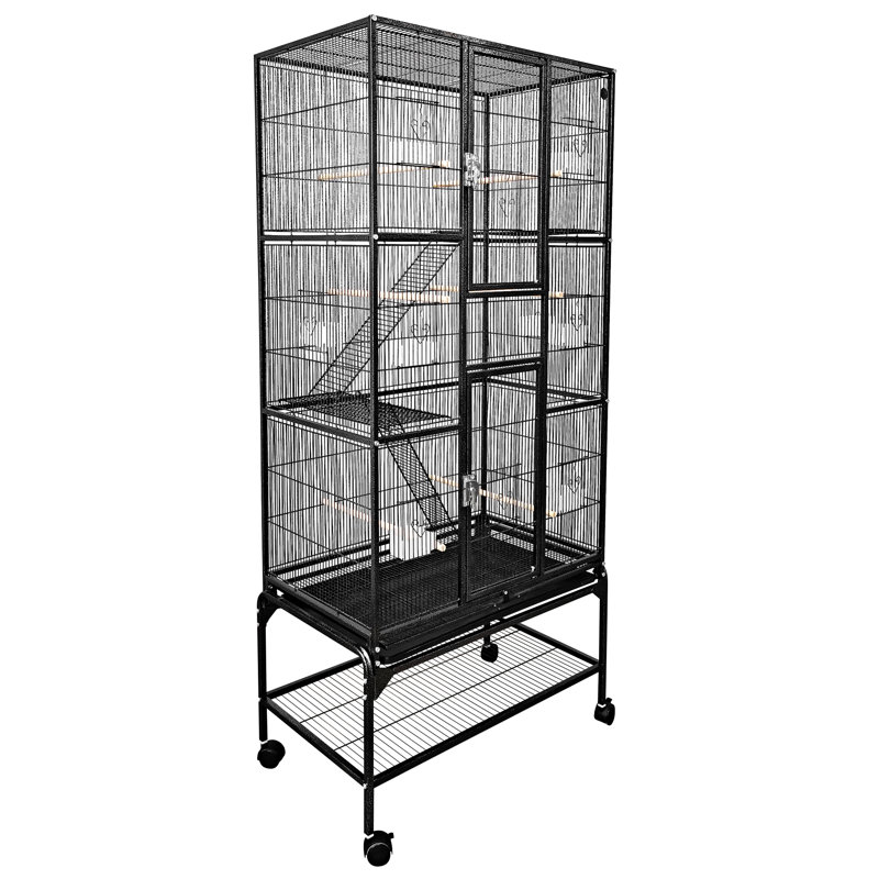 Black Multi-Level Iron Bird Cage with Ladders and Wheels