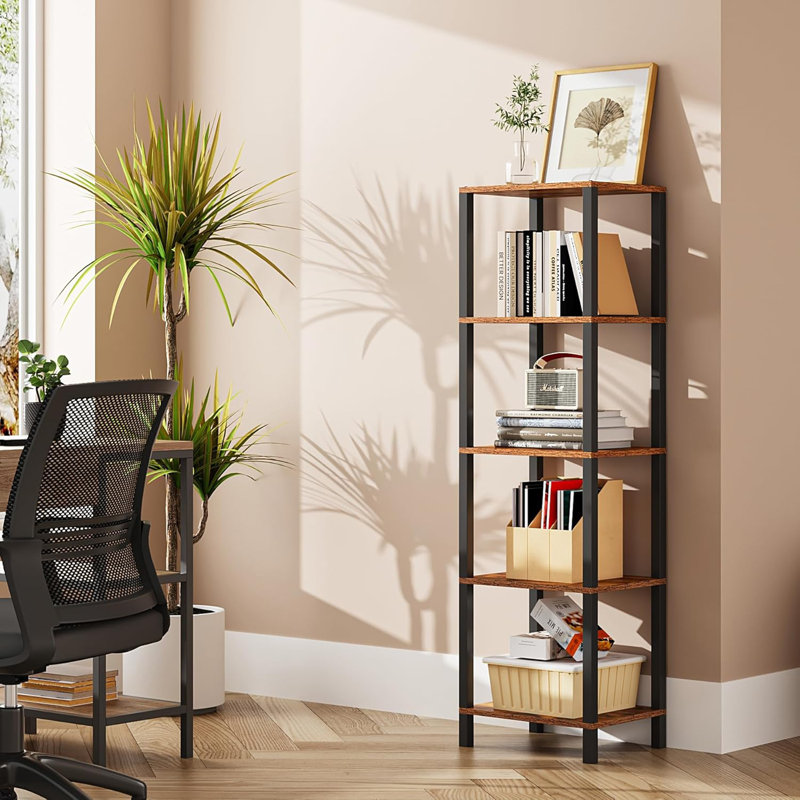 Tall Bookcase Shelf For Small Spaces, Narrow Stackable Storage Shelf For Living Room, Office, Study, Entryway - Industrial Rustic Design