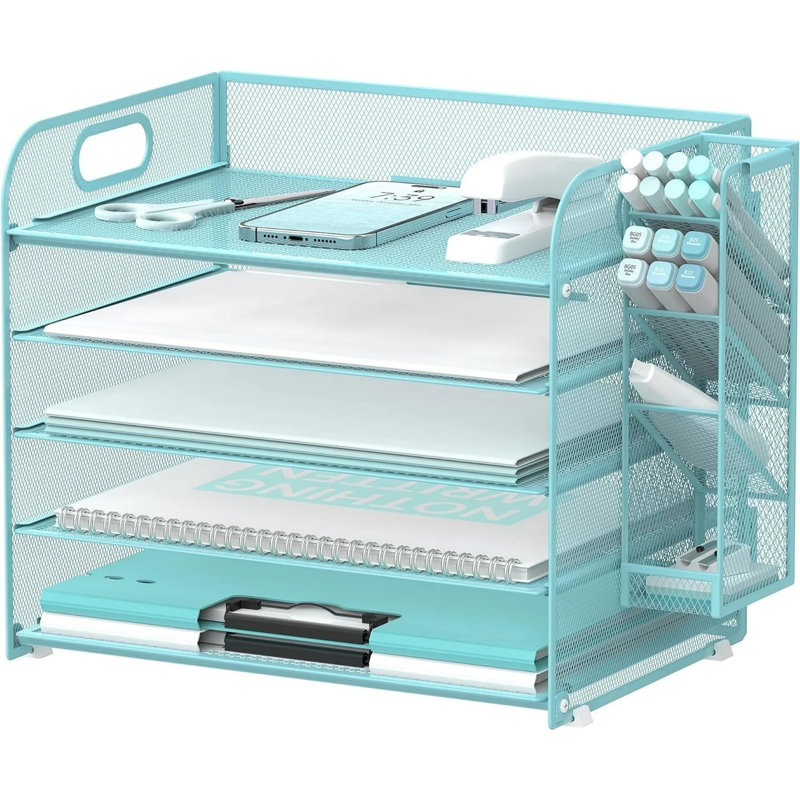 Organisateur de bureau en filet à 5 niveaux avec poignée et porte-stylos amovibles, Bleu