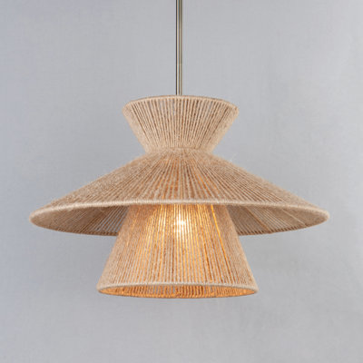 1-Light 3-Tier Geometric Jute Rope Pendant, Boho Rattan Style Hanging Light with Adjustable Antique Brass Rod