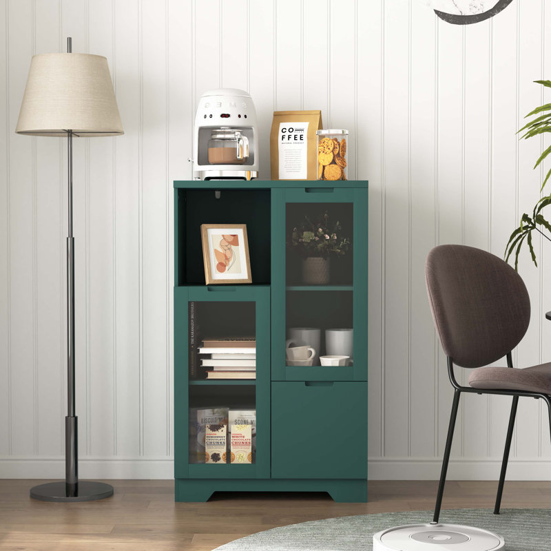 MDF Painted Cabinet With Glass Doors And Drawer Entryway Cabinet Console Cabinet Open Storage Space, Green