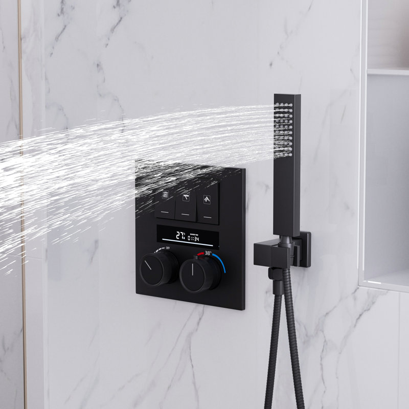 Système de douche thermostatique numérique noir mat, pomme de douche murale à 3 jets de pluie et cascade avec douchette, ensemble de garniture de valve en laiton certifié CUPC