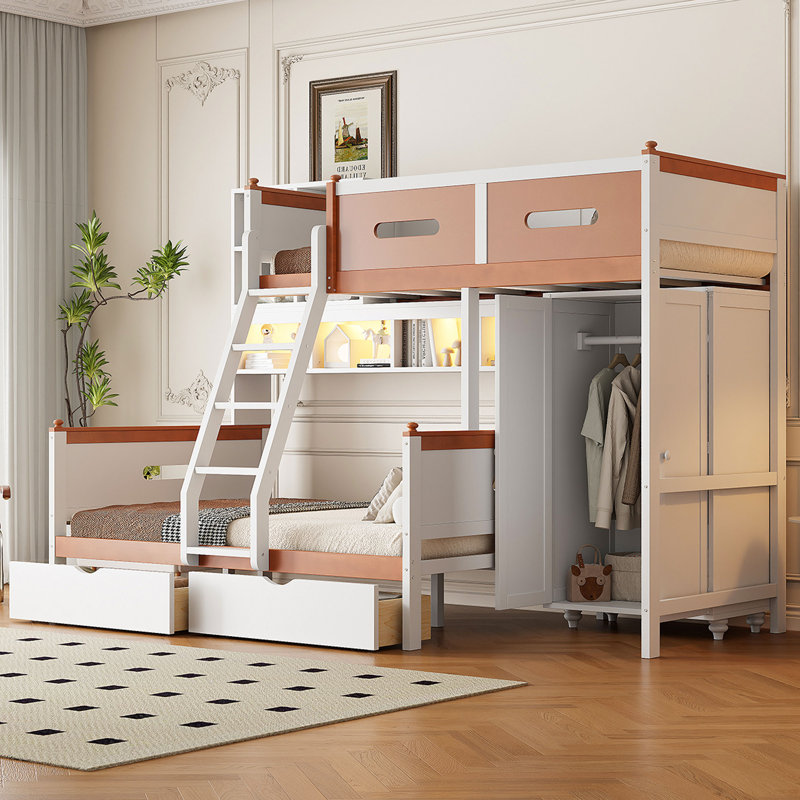 Lit superposé simple au-dessus d'un lit double en bois avec garde-robe, tiroirs, tablettes et lumière DEL