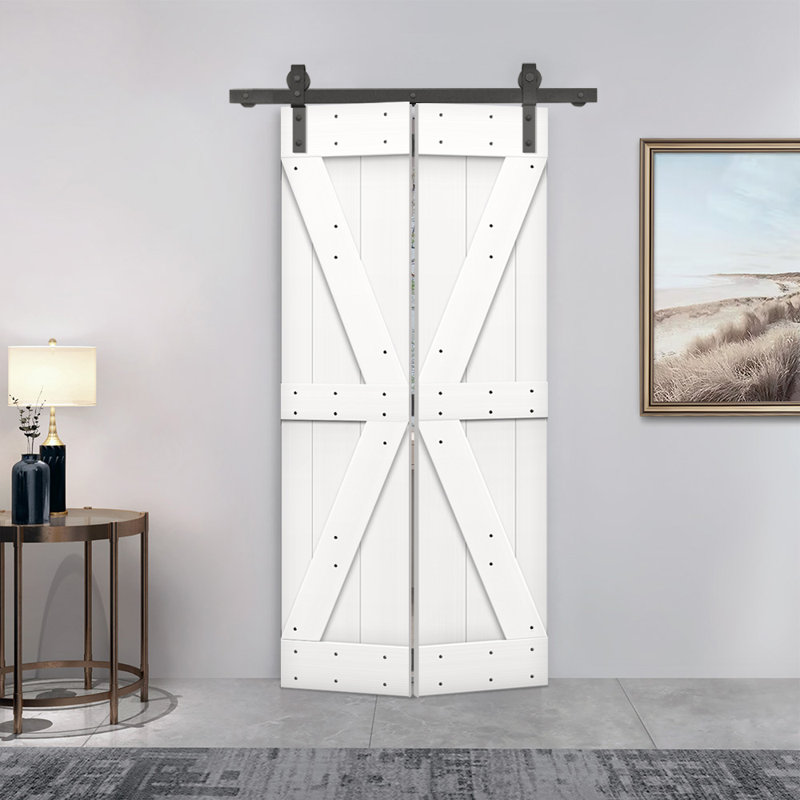 Porte de grange pliante en bois de pin avec quincaillerie coulissante, Blanc pur, 24 po x 84 po