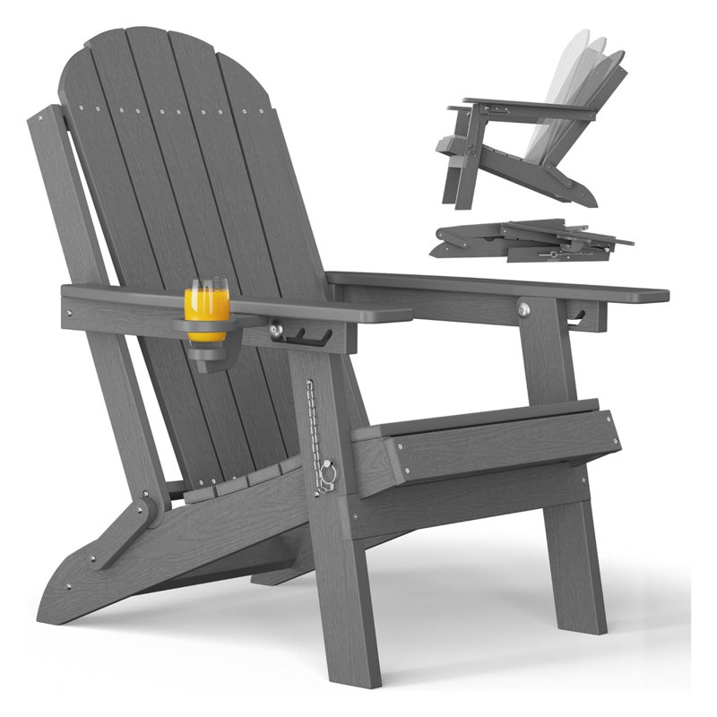 All Weather Outdoor Folding Adirondack Chair, Adjustable Backrest Adirondack Chair With Cup Holder For Lawn And Garden Pool