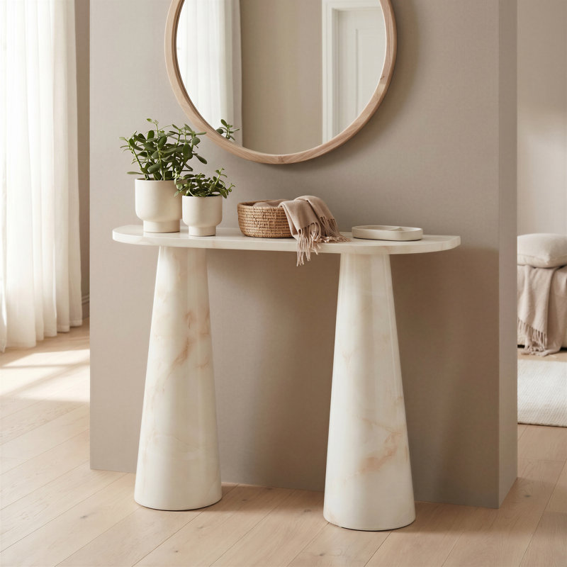 Edzard Statement Pedestal Marble Effect Console Table - Luxury Modern Design, Cream