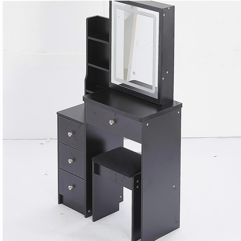 Petite coiffeuse 29,2 po avec tabouret de chevet gauche + tabouret rembourré, 2 blocs d'alimentation CA + 2 ports USB, support pour séchoir à cheveux, très grand miroir à DEL coulissant à commande tactile, changement de luminosité tricolore, réglage de la luminosité