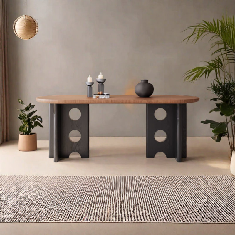 Table de salle à manger en bois massif résistante à la chaleur, H 29,5 po x L 94,4 po x l 35,4 po, Brun, Noir