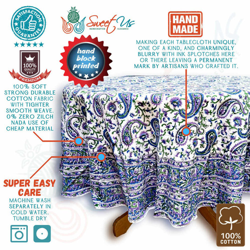 Block Print Floral Cotton Round Tablecloth, BLue