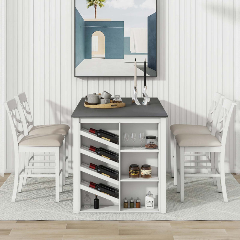 Ensemble de table de salle à manger en bois massif 5 pièces, table de 59 x 35,4 pouces avec support à vin incurvé et 4 chaises rembourrées