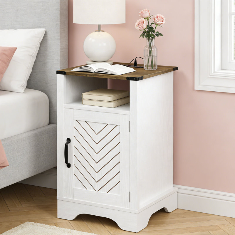 Table de chevet avec station de charge Milaun Led, blanc et chêne rustique, Individuel