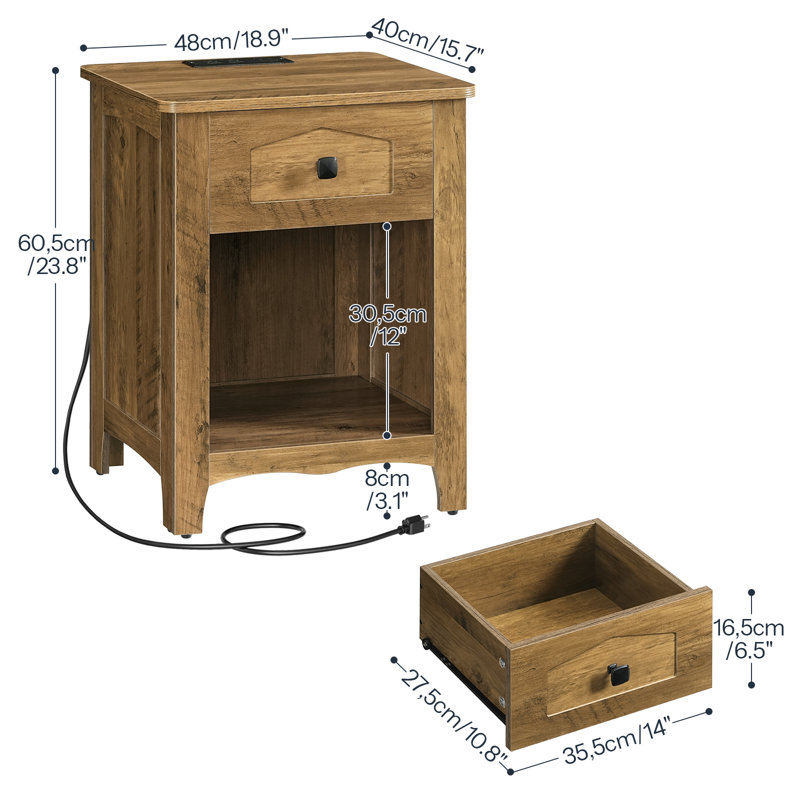 23.8'' Nightstand with Charging Station,1 Drawer & Open Compartment, End Table, Side Table, for Bedroom & Living Room