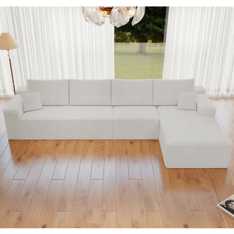 132" L-shaped Sectional Couch, Compression Sofa, White Corduroy, Right Facing, Right Hand Facing, White Corduroy