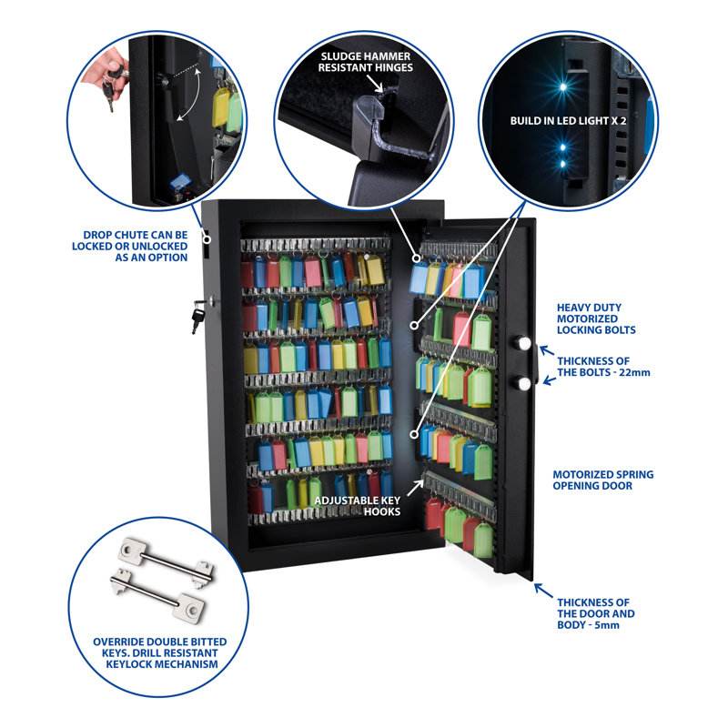 Black Steel Key Safe with Lockable Drop Slot, 144 Key Capacity
