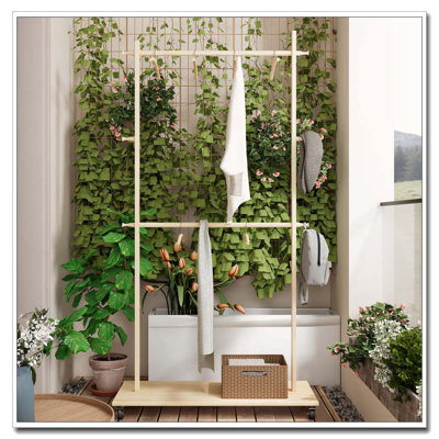 Solid Wood Garment Clothes Drying Rack With 6 Wooden Hangers, Space-Saving Design, Adjustable Shelf,
