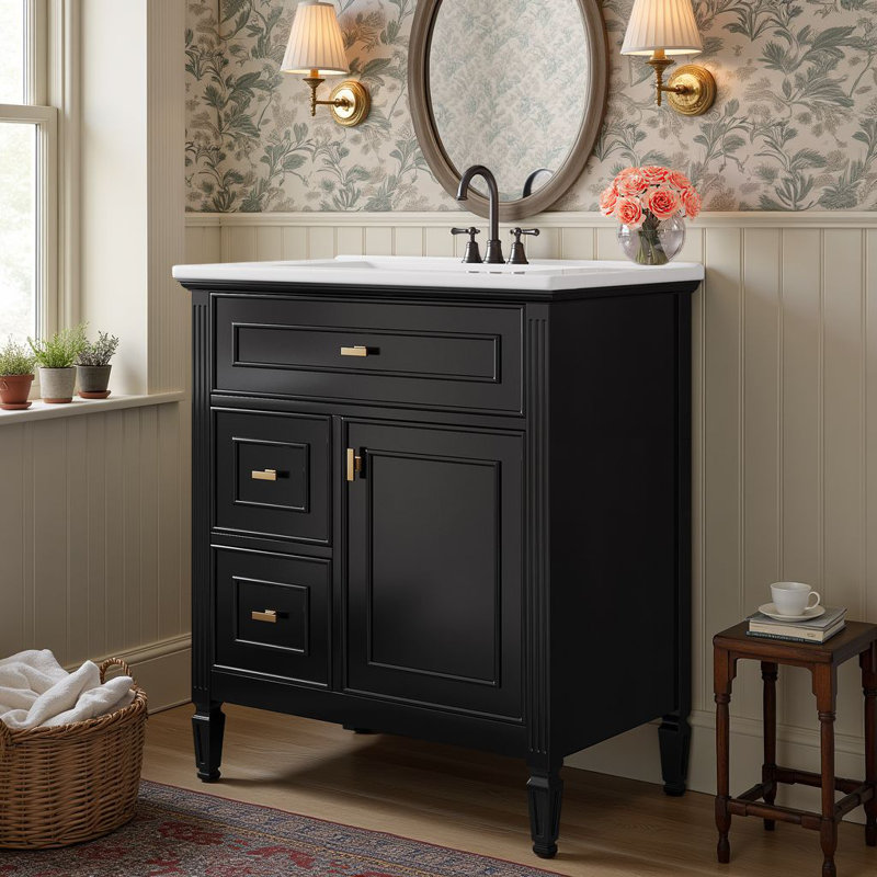 30" Free-Standing Single Bathroom Vanity With Ceramic Sink, Storage Cabinet With Solid Wood Frame & 1 Flip-Out Drawer & 2 Side Drawers