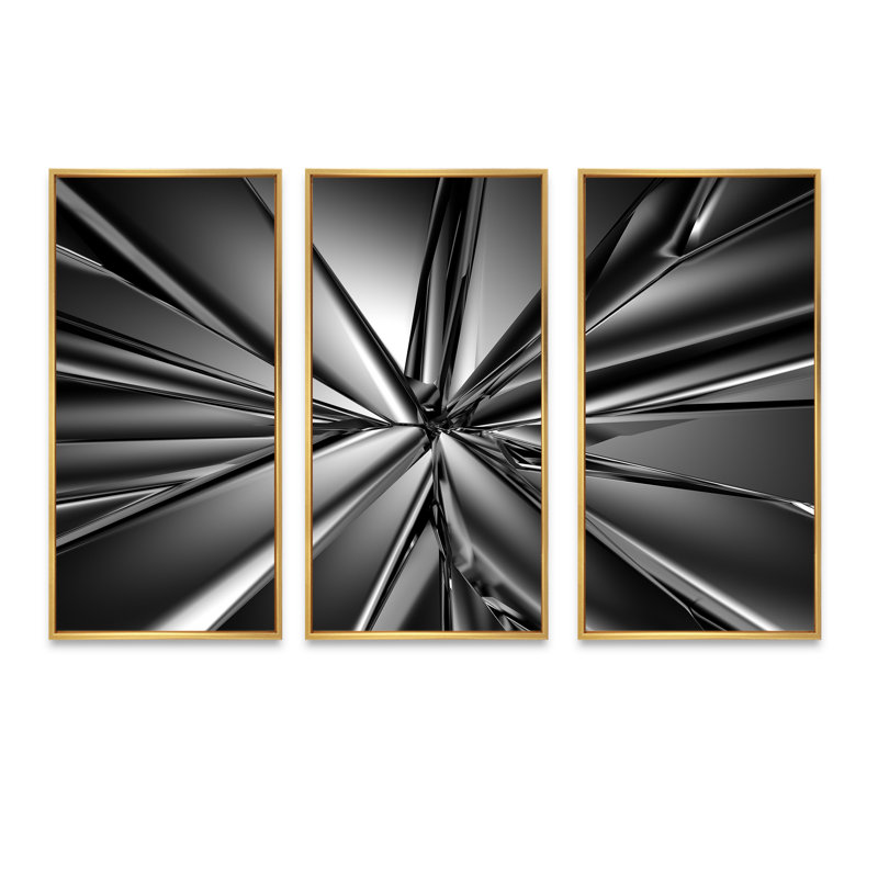 Futuriste fond en cristal - ensemble de 3 toiles abstraites encadrées, Or, H 32 po x l 48 po